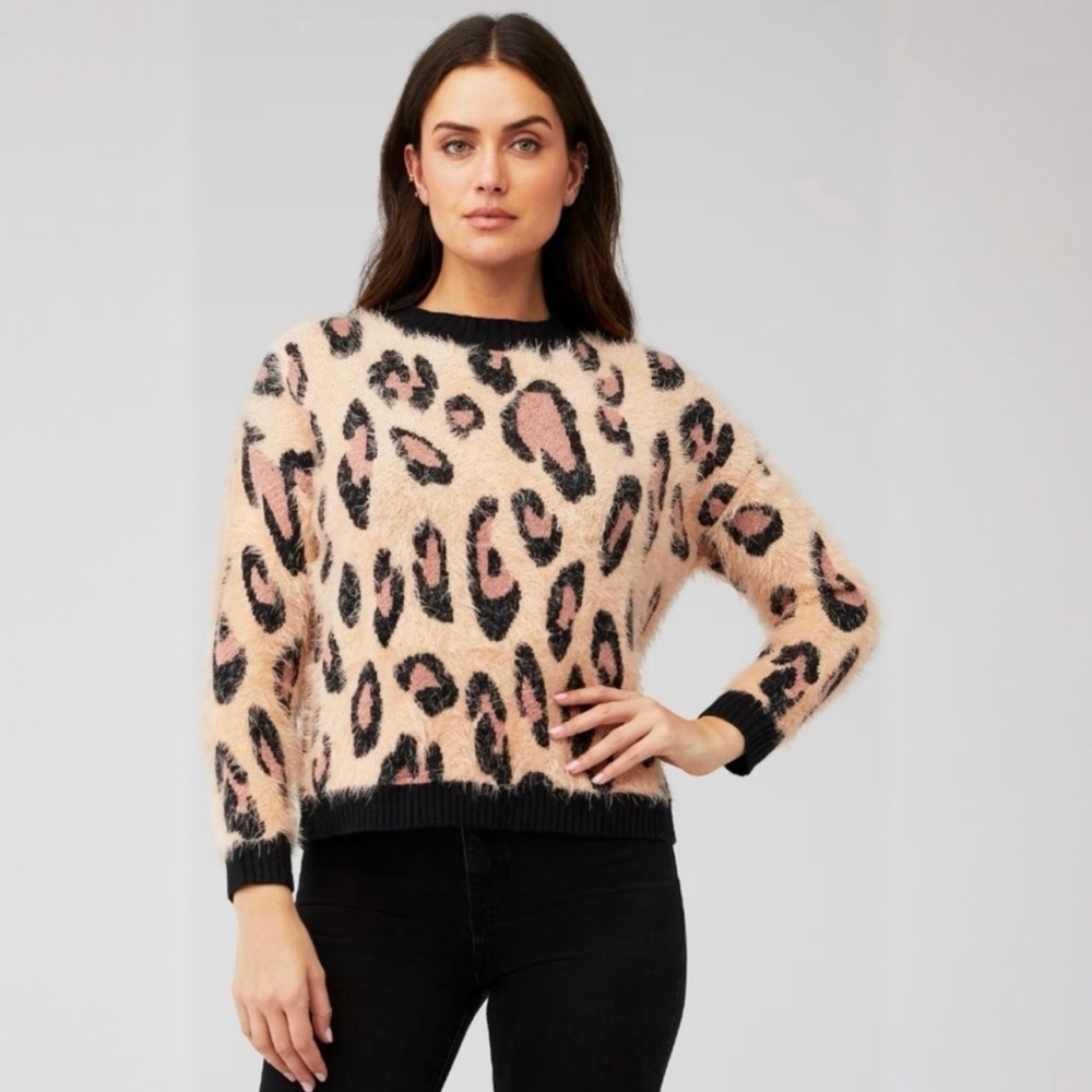MINKPINK Fuzzy Leopard Print Sweater - Tan/Pink/Black S